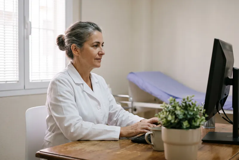 Una profesional sanitaria consulta el ordenador en su despacho de la clínica