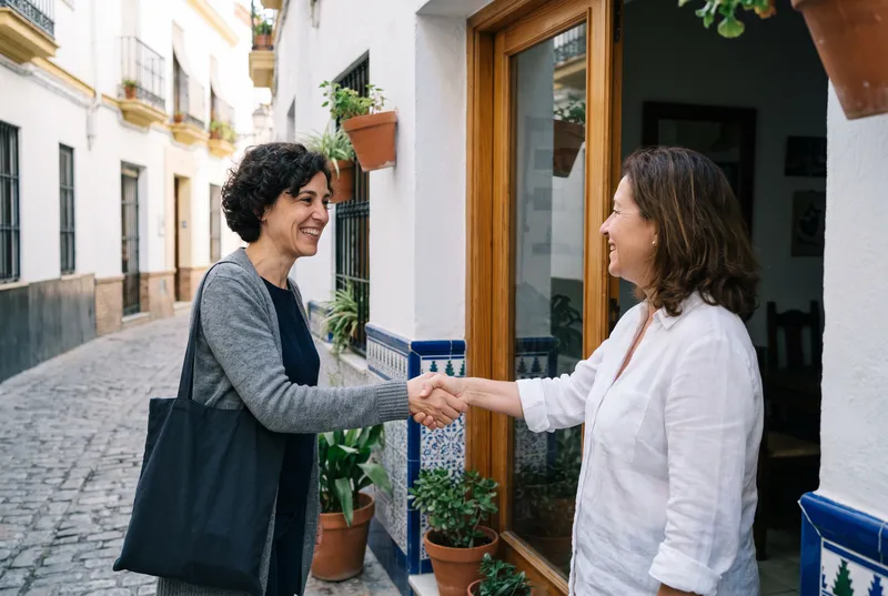 Una técnica saluda a la dueña de un restaurante a la puerta de su local al llegar a la visita