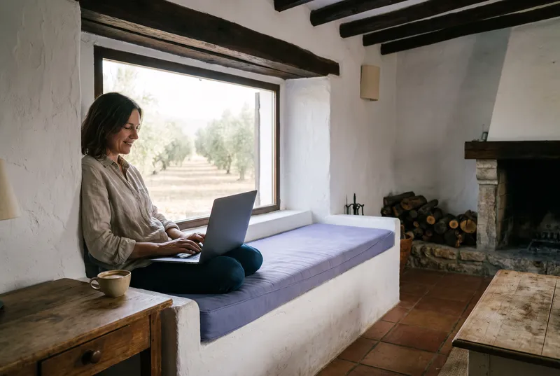 Una huésped trabaja con su portátil en el salón de un hotel rural