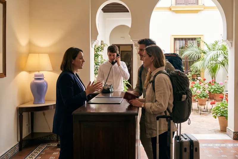 Recepción de un hotel: una recepcionista atiende a una pareja de huéspedes y su compañero responde una llamada