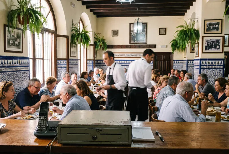 Sala de un restaurante llena a mediodía con el teléfono de reservas junto a la caja