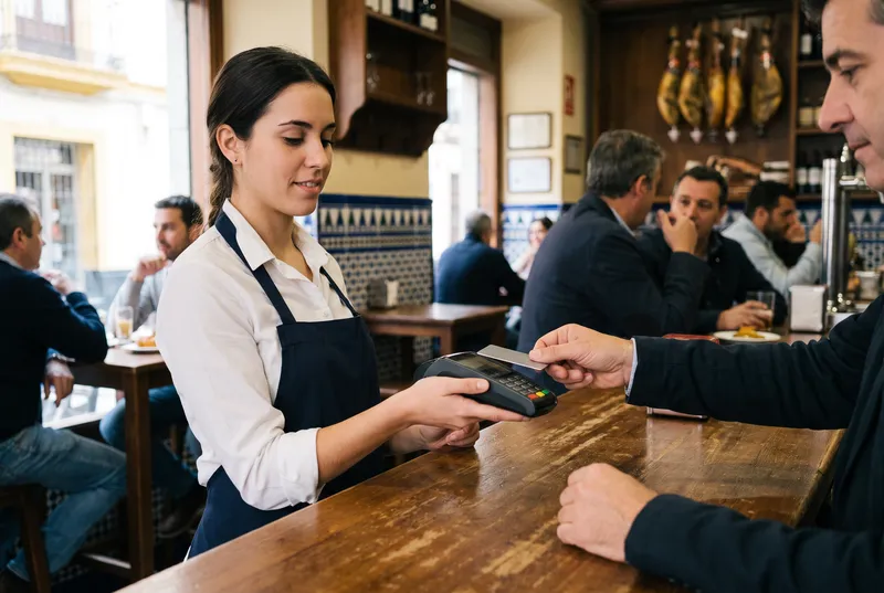 Una camarera cobra con tarjeta en el datáfono en la barra de un restaurante con clientes