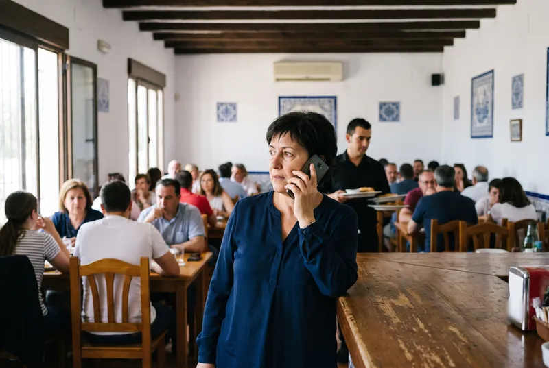 Una encargada de restaurante atiende en su móvil una llamada al número del local mientras supervisa la sala
