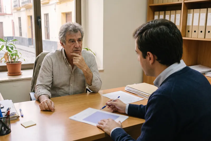 Un técnico explica una propuesta en papel al gerente de una empresa en su oficina