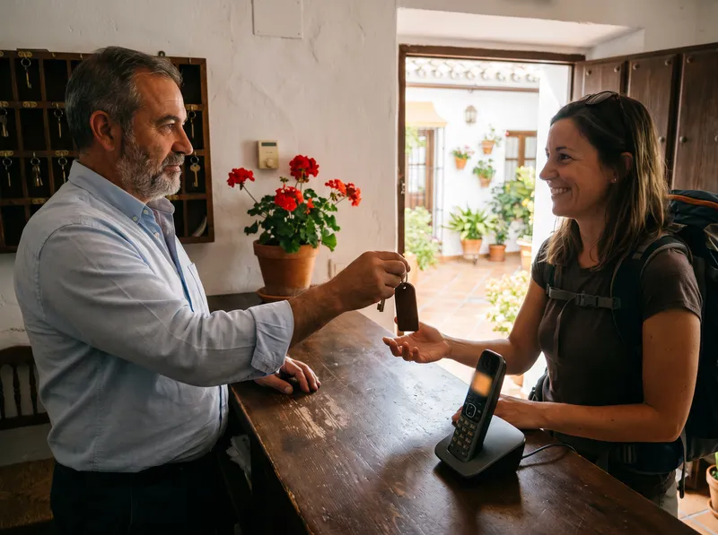 Recepcionista de hotel entrega la llave a un huésped junto al teléfono de recepción