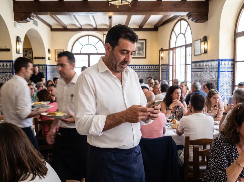 Encargado de un restaurante lleno mira el móvil durante el servicio de mediodía